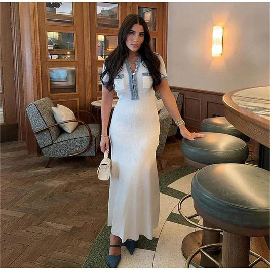 Elegant Women's Knit Maxi Dress - Chic O-neck with Metal Buttons - Buy Center US