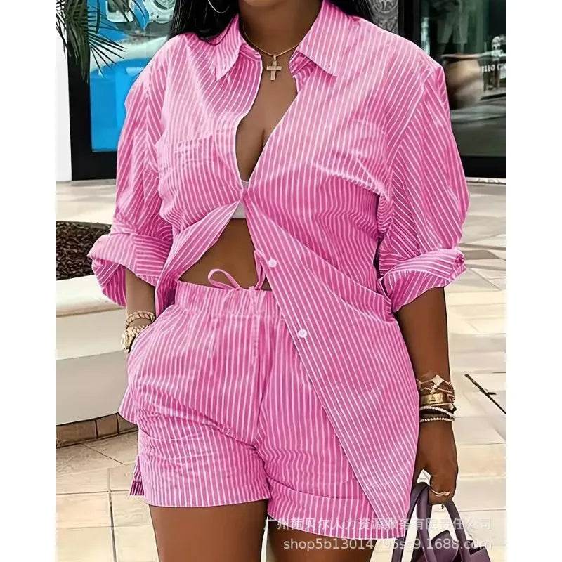 Mandylandy Women's Striped Two Piece Set - Casual Shirt & Shorts - Buy Center US