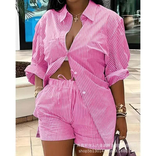 Mandylandy Women's Striped Two Piece Set - Casual Shirt & Shorts - Buy Center US