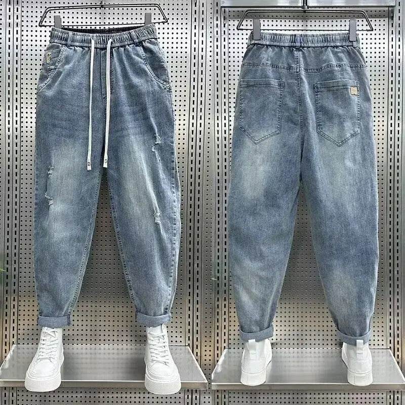 Korean Fashion Men’s Denim Harem Pants - Embroidered Loose Fit Jeans - Buy Center US
