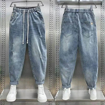 Korean Fashion Men’s Denim Harem Pants - Embroidered Loose Fit Jeans - Buy Center US
