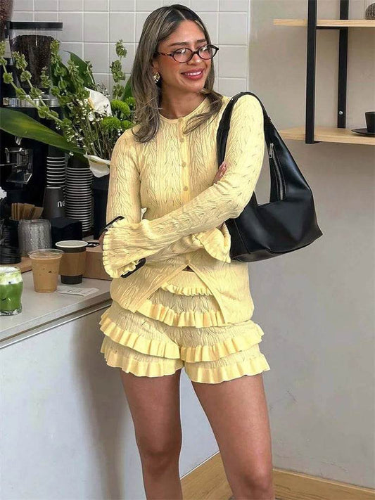 Tossy Women's Summer Knit Ruffled 2 Piece Set - Stylish Cardigan & Shorts - Buy Center US