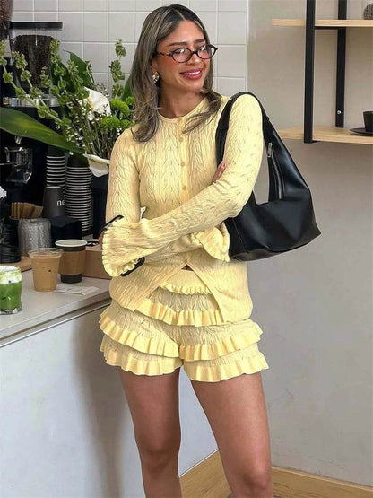 Tossy Women's Summer Knit Ruffled 2 Piece Set - Stylish Cardigan & Shorts - Buy Center US