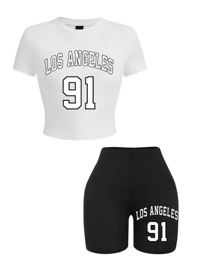 Teekossc Women's Slim Crop T-Shirt & Shorts Set - NYC Art Print - Buy Center US