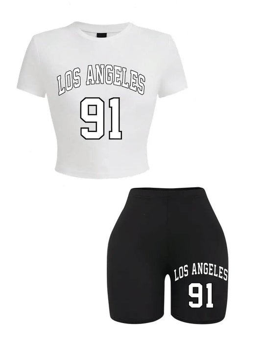 Teekossc Women's Slim Crop T-Shirt & Shorts Set - NYC Art Print - Buy Center US