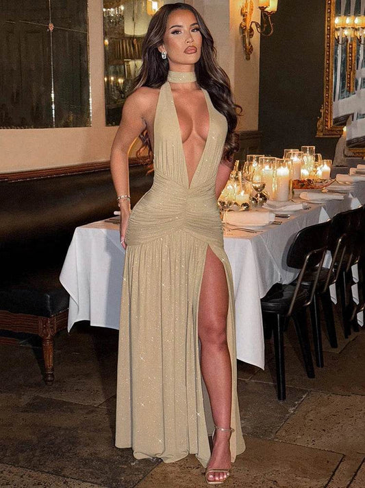 Mozision Deep V Neck Glitter Maxi Dress - Sexy Sleek & Backless - Buy Center US