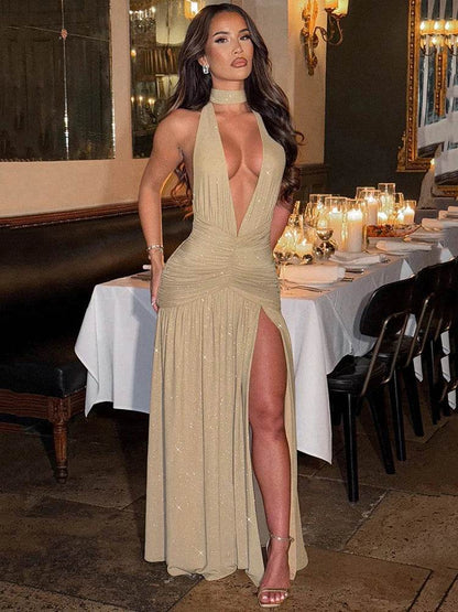 Mozision Deep V Neck Glitter Maxi Dress - Sexy Sleek & Backless - Buy Center US