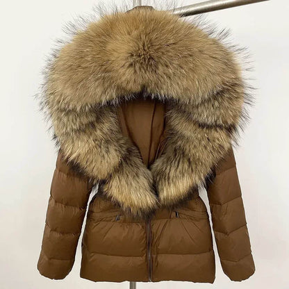 Women's Hooded White Duck Down Coat - Real Raccoon Fur Collar - Buy Center US