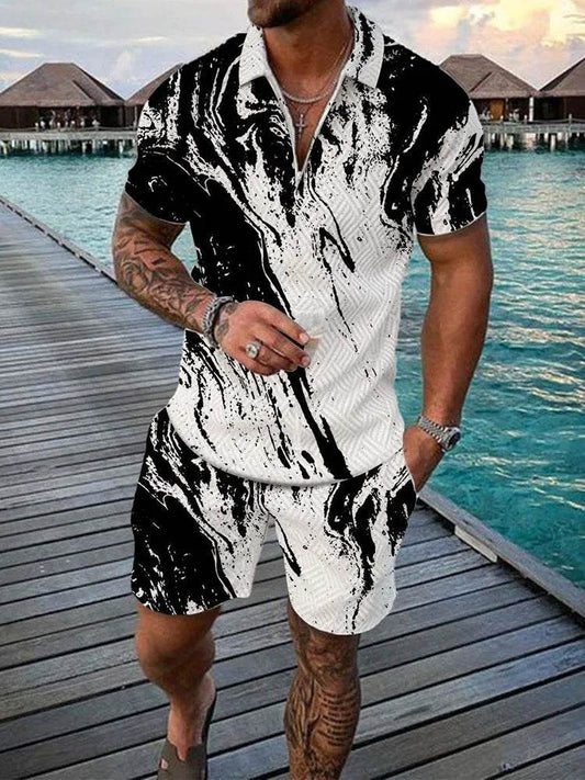 Men's Summer Colorful Tracksuit Set - Casual Zipper Polo Shirt & Shorts - Buy Center US
