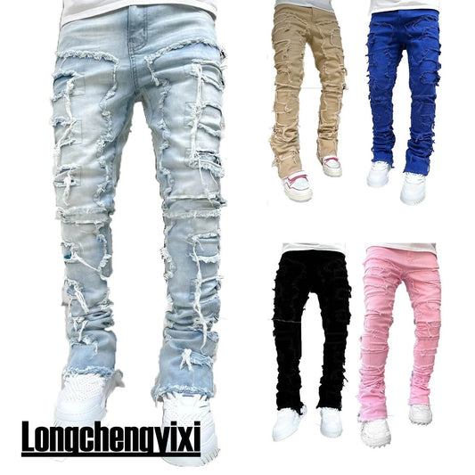 Men's Ripped Slim Fit Stacked Jeans - Distressed Casual Denim Pants - Buy Center US