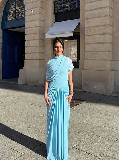 Elegant Irregular Blue Pleated Long Dress - Turtleneck A-Line Style - Buy Center US