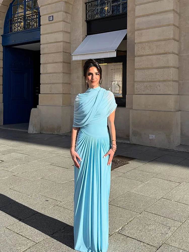 Elegant Irregular Blue Pleated Long Dress - Slim Fit Turtleneck Dress - Buy Center US