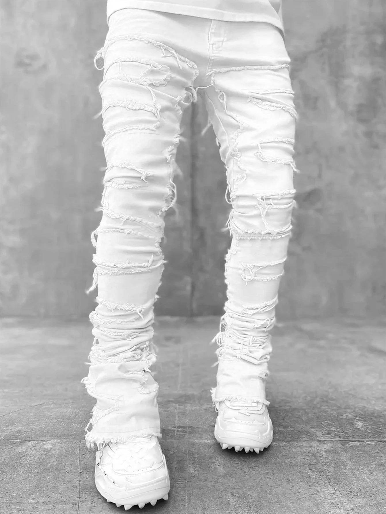 Men's Ripped Slim Fit Stacked Jeans - Distressed Casual Denim Pants - Buy Center US