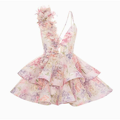 Elegant 3D Flower Print Mini Party Dress - Women's Lace Up A-Line - Buy Center US