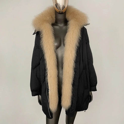 Real Fox Fur Puffer Coat - Women’s Warm Winter Jacket, Loose Fit - Buy Center US
