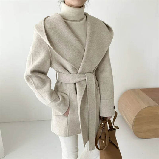 Ladies Hooded Lace Up Woolen Jacket - Elegant Vintage Outerwear - Buy Center US