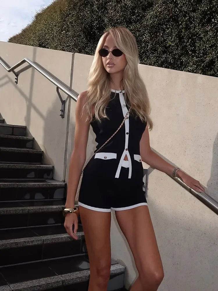 Chic Black Sleeveless Suit Set - Elegant Knit Shorts & V-Neck Top - Buy Center US