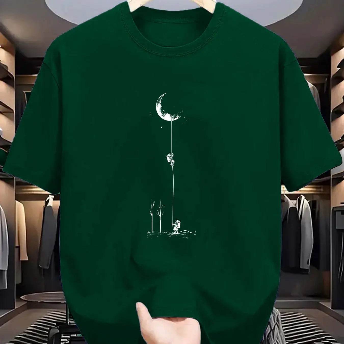 GUILAN Men's 100% Cotton Casual T-Shirt - Plus Size Moon Landing Print - Buy Center US