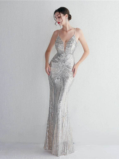 HBLL Sexy V Neck Maxi Dress - Purple Sequin Formal Gown for Parties - Buy Center US