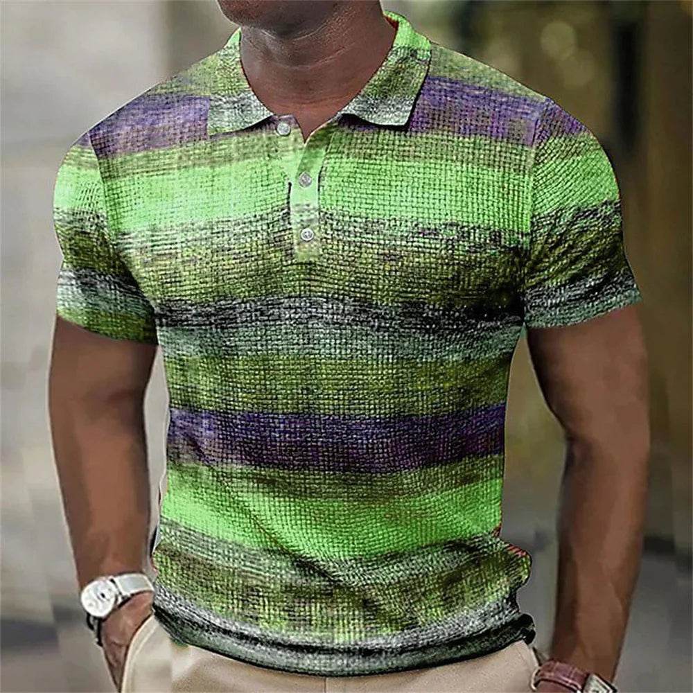 Vintage Men's Casual Polo Shirt - 3D Stripe Print, Loose Fit, Soft Tee - Buy Center US