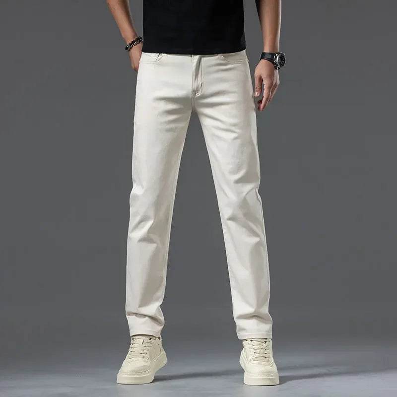 2024 Men's Creamy-White Straight Denim Jeans - Lightweight Casual Pants - Buy Center US
