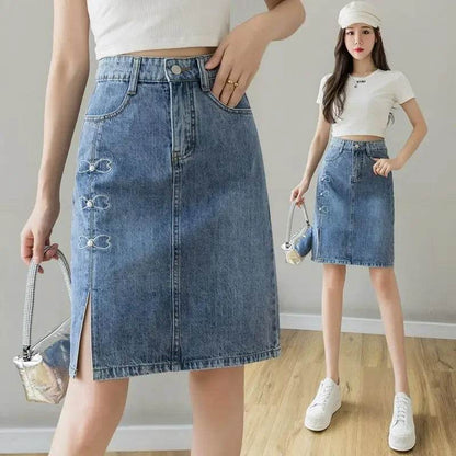 Kawaii Women's Denim Midi Skirt - Elegant A-Line Casual Style - Buy Center US