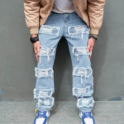 Men's Distressed Denim Jeans - Stylish Casual Straight Cut Pants - Buy Center US