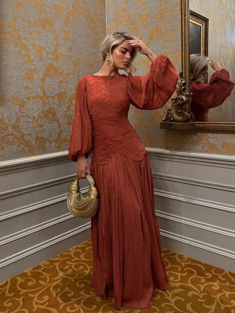 Elegant Pleated O-Neck Long Dress - Women's Summer Beach Chic - Buy Center US