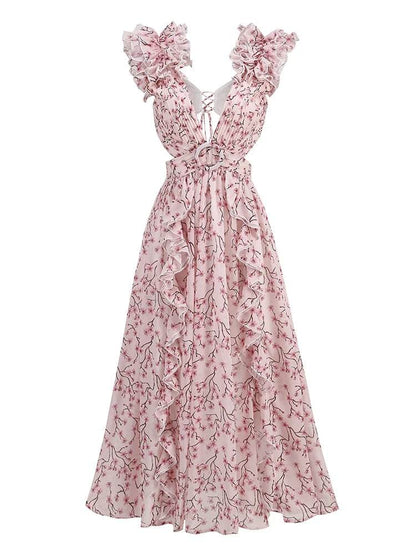Sexy Pink Floral V Neck Dress - Sleeveless Ruffle Ankle Length - Buy Center US