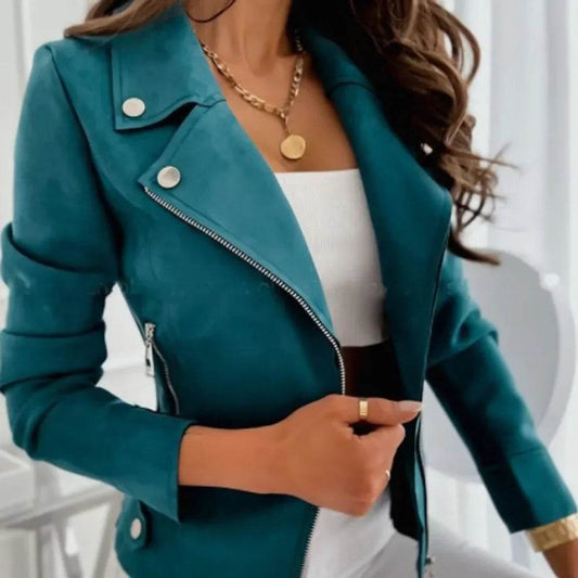 Autumn Women’s Asymmetrical Suede Jacket - Slim Fit Motorcycle Style - Buy Center US
