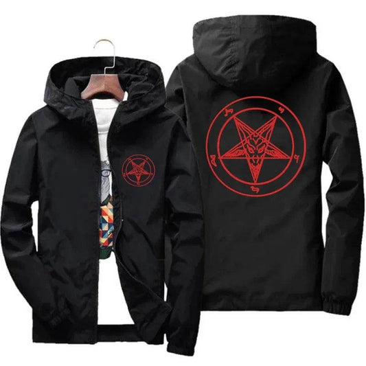 Men's Pentagram Hooded Windbreaker Jacket - Baphomet Design, Autumn Style - Buy Center US