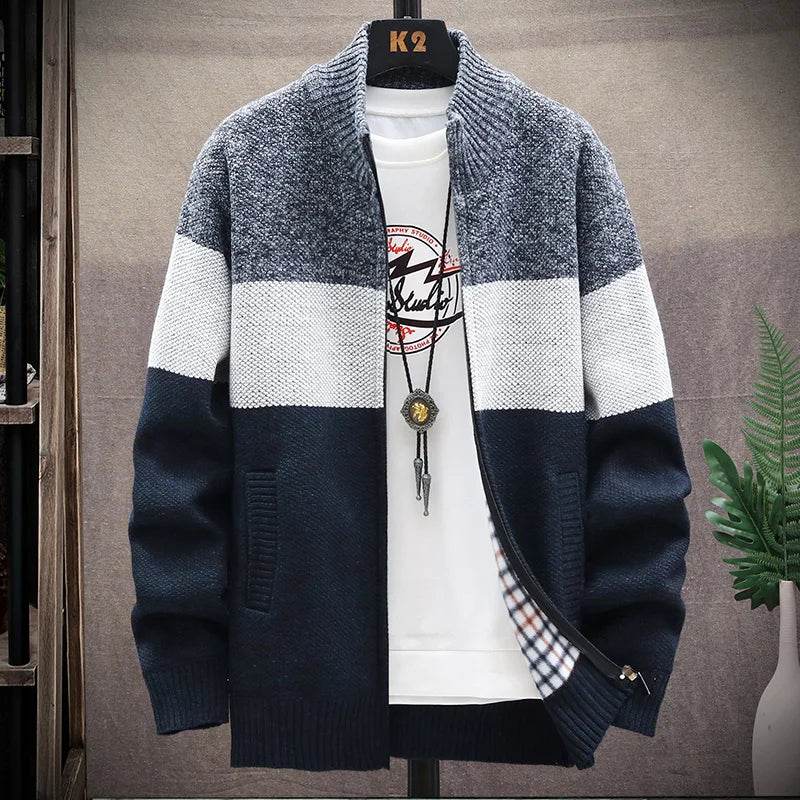 SNOW PINNACLE Men's Thick Velvet Cardigan: Patchwork Zipper Sweatercoat - Buy Center US