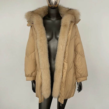 Women's White Goose Down Jacket - Real Fox Fur Puffer Coat - Buy Center US