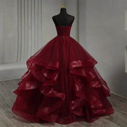 Dark Red Spaghetti Strap V-Neck Quinceanera Dress - Boho Ball Gown - Buy Center US