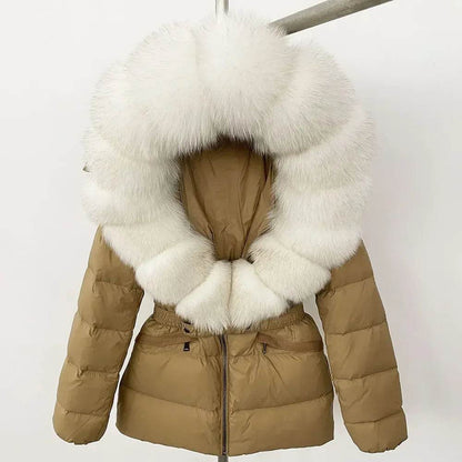 Women's Hooded White Duck Down Coat - Real Raccoon Fur Collar - Buy Center US