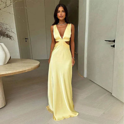 Tornova Women's Deep V Neck Hollow Dress - Sleeveless Beach Vacation Style - Buy Center US