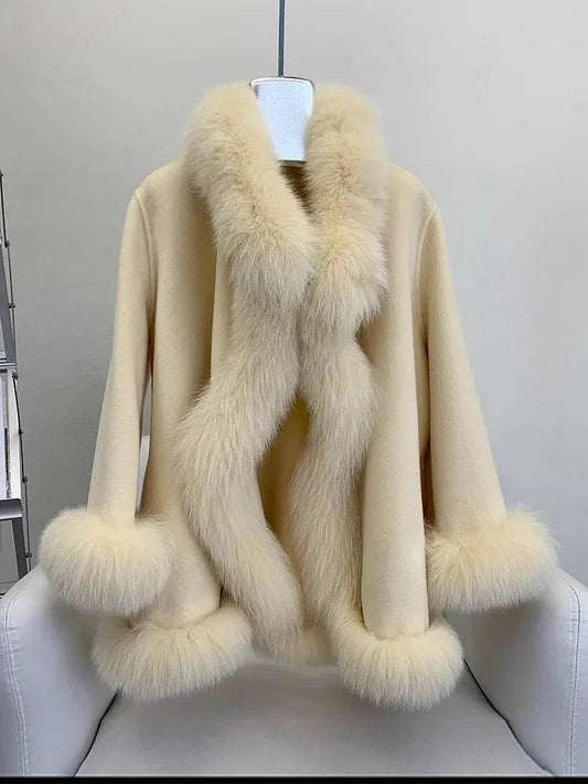 Elegant Real Fox Fur Collar Coat - Women's Wool Cloak for 2024 - Buy Center US