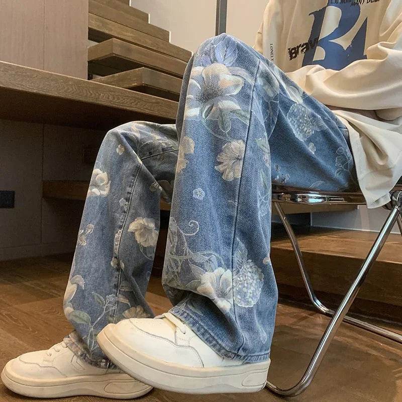 Y2K Vintage Floral Printed Jeans for Men - Baggy Wide-Leg Streetwear - Buy Center US