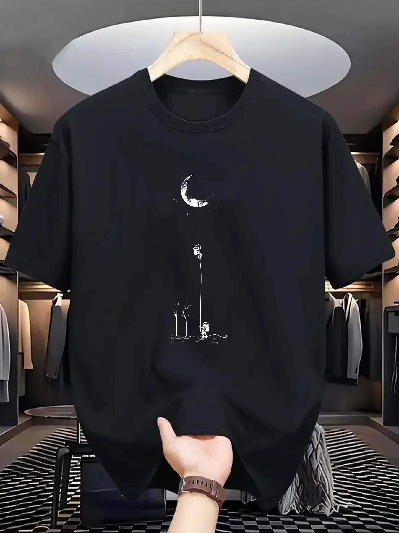 GUILAN Men's 100% Cotton Casual T-Shirt - Plus Size Moon Landing Print - Buy Center US