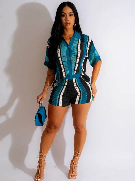 JRRY Sexy Women Knitted Beach Set - Turn Down Collar, Hollow Out - Buy Center US