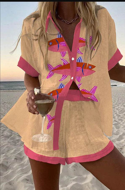 Women's Summer Print 2-Piece Beach Set - Casual Short Sleeve Top - Buy Center US