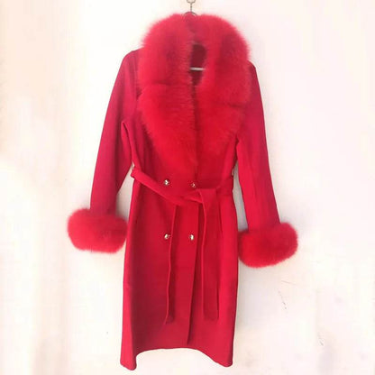HSPLC Women's Long Wool Blended Coat with Fox Fur Collar - Winter Fashion - Buy Center US