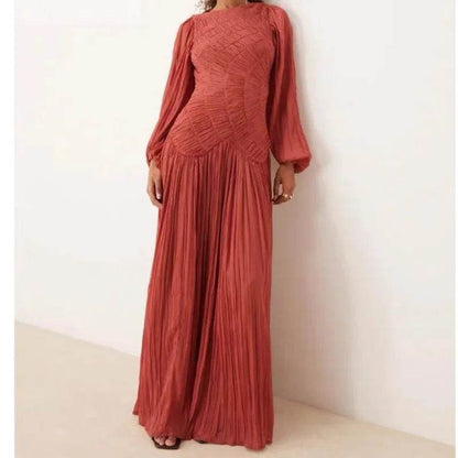 Elegant Pleated O-Neck Long Dress - Women's Summer Beach Chic - Buy Center US