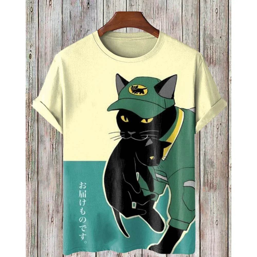 Ukiyo-e Sea Wave Cat T-Shirt - 3D Print Japanese Samurai Graphic Tee - Buy Center US