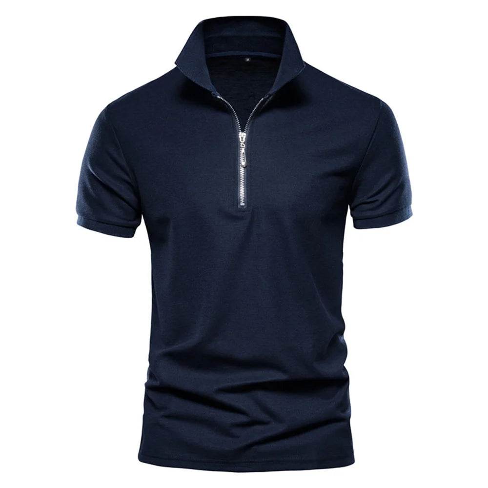 AIOPESON Men's Cotton Polo Shirt - Solid Color with Zipper Detail - Buy Center US
