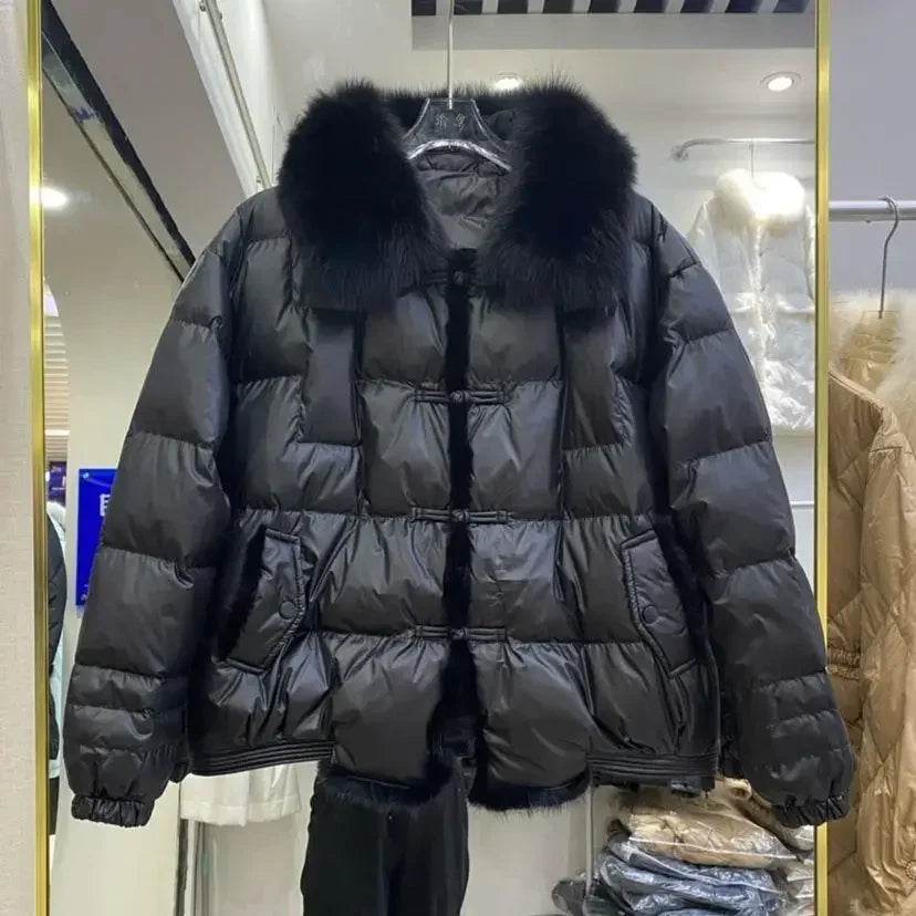 Women's White Duck Down Puffer Jacket - Real Fox Fur Collar Coat - Buy Center US