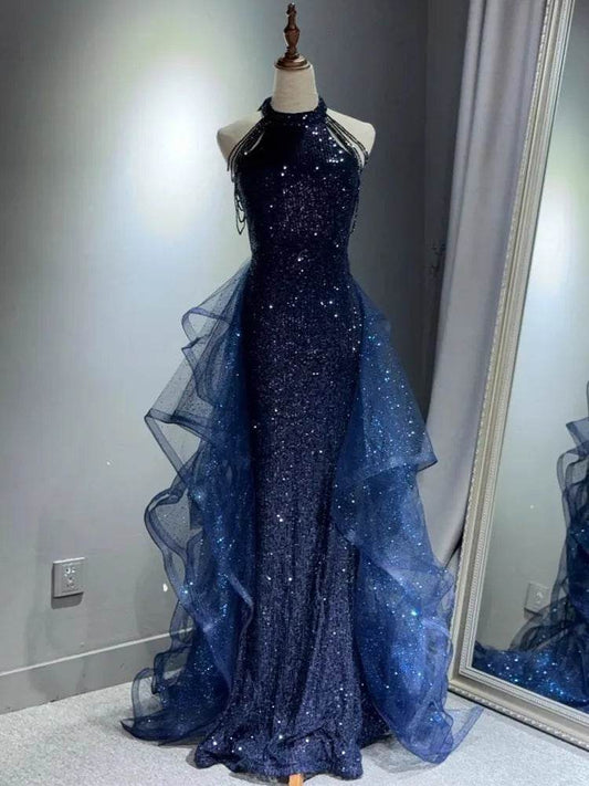 Jeheth Elegant Navy Blue Evening Dress - Customized Sweep Train Gown - Buy Center US