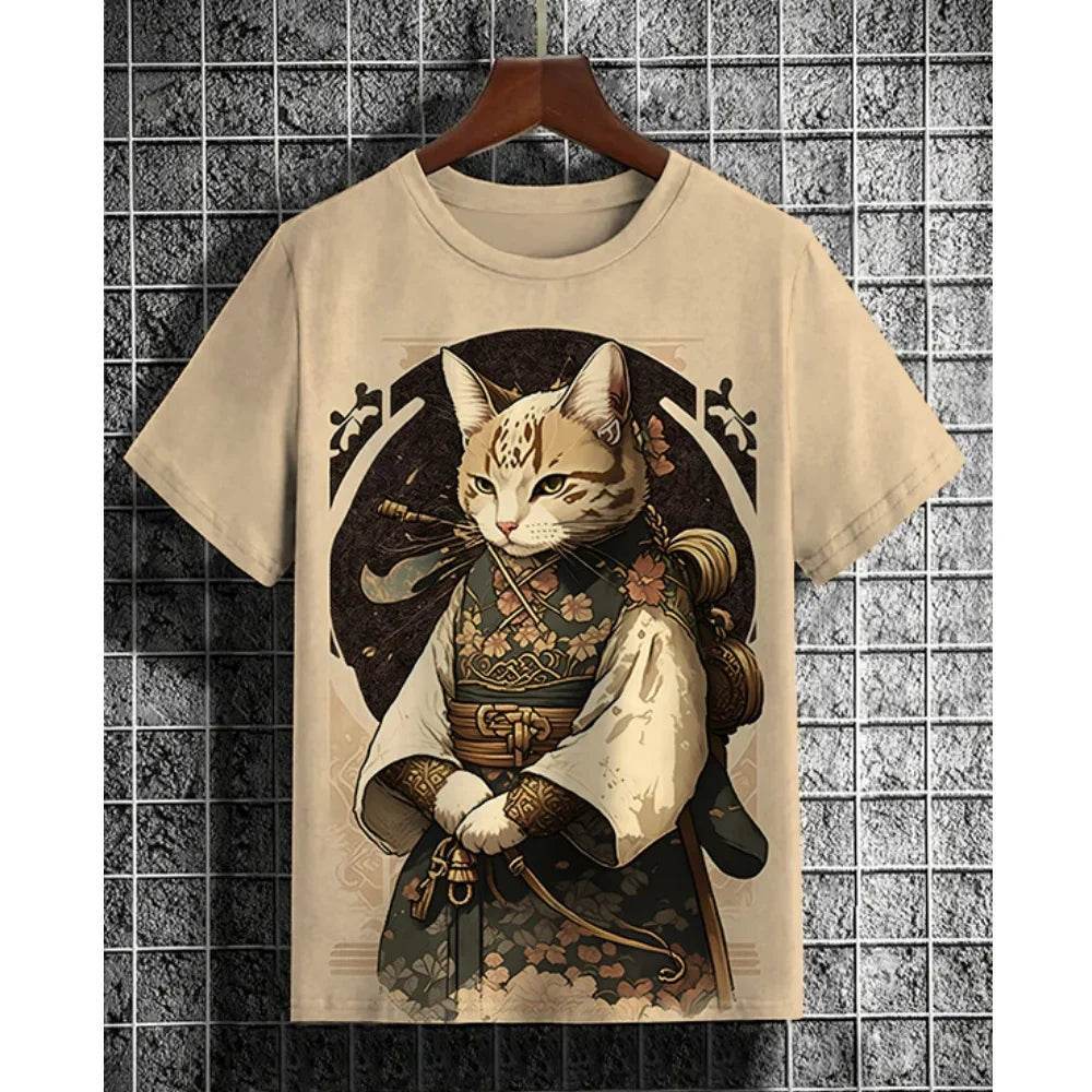 Ukiyo-e Sea Wave Cat T-Shirt - 3D Print Japanese Samurai Graphic Tee - Buy Center US
