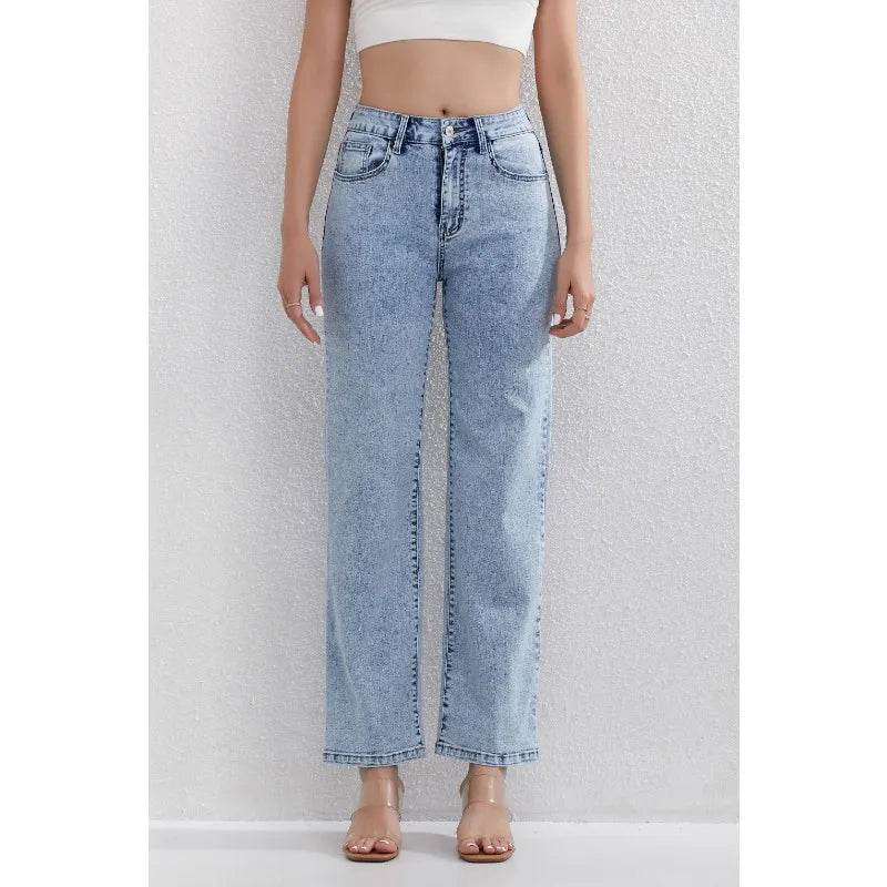Women's Light Blue High Waisted Denim Jeans - Straight Leg Casual Style - Buy Center US