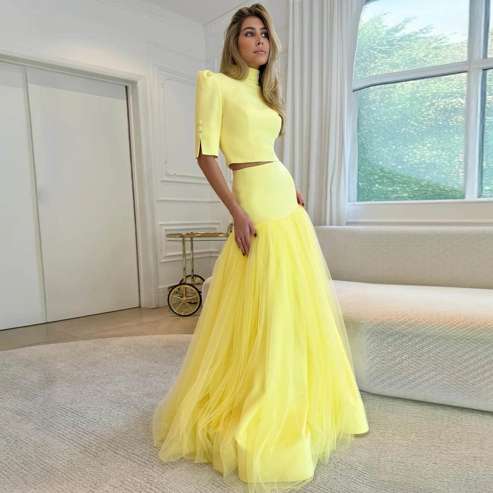 WDP Women's Yellow Two-Piece Party Dress - High Neck, A-Line Style - Buy Center US